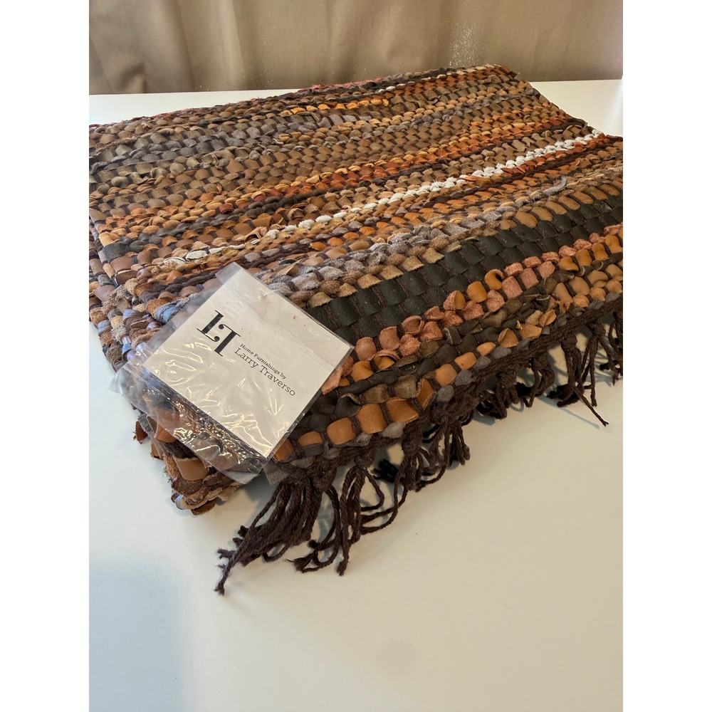 Larry Traverso Tucson Woven Leather Table Runner 18x96 Brown Striped Fringed NEW